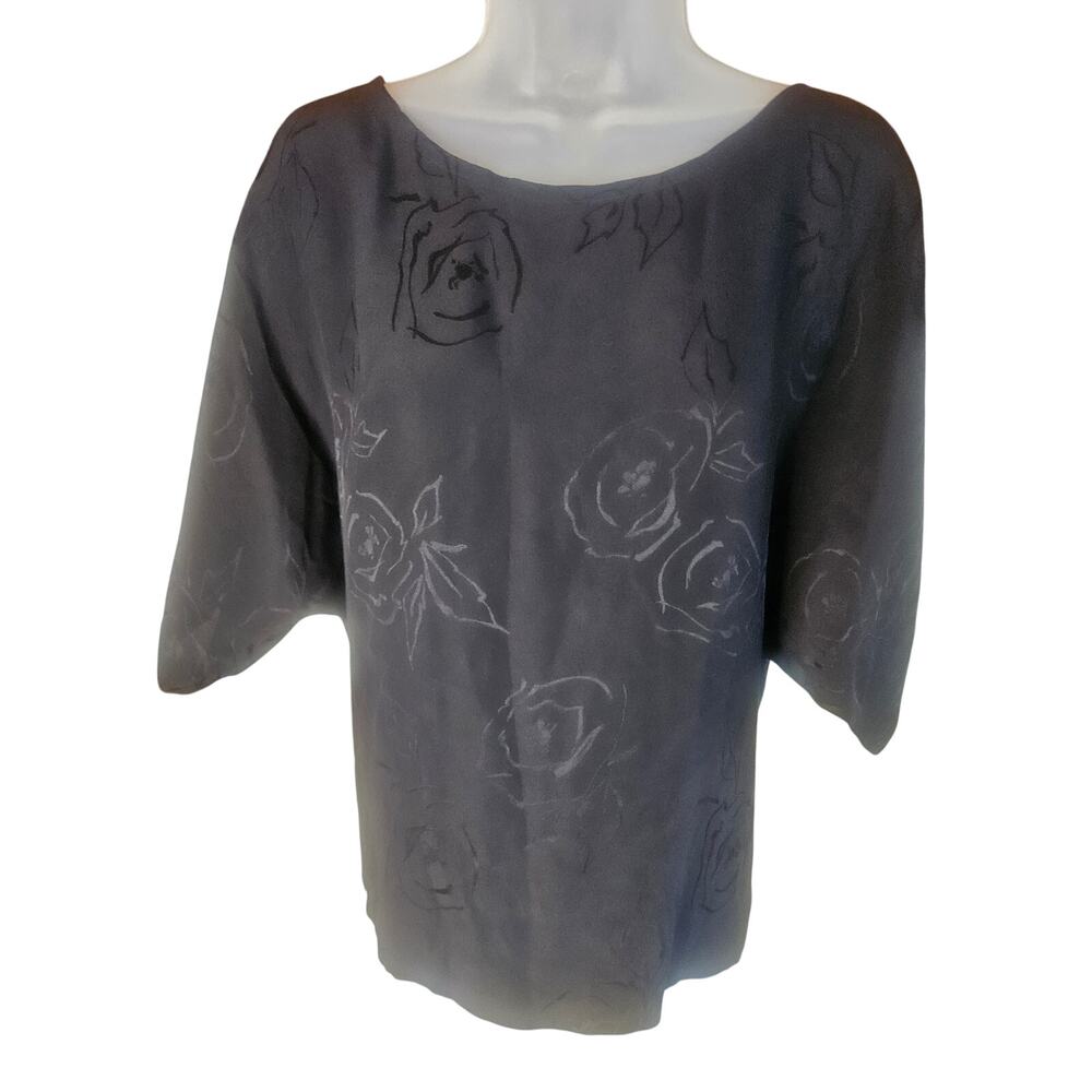 Gucci Black Floral Print Top Size 38 (US 8) Kimono Sleeves 100% Silk - Picture 2 of 8